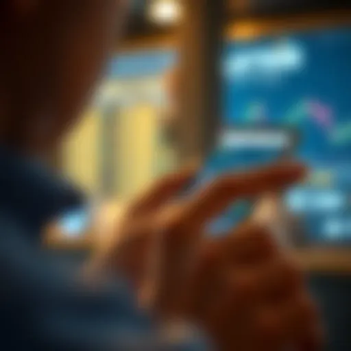 Engaging with Cryptocurrency Applications User interacting with a cryptocurrency stock app on a smartphone