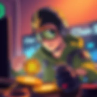Illustration of a gaming character interacting with cryptocurrency