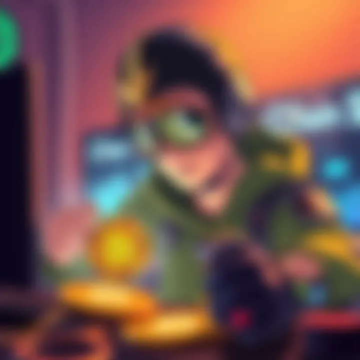 Illustration of a gaming character interacting with cryptocurrency