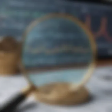 A magnifying glass focusing on a cryptocurrency token with analytical charts in the background