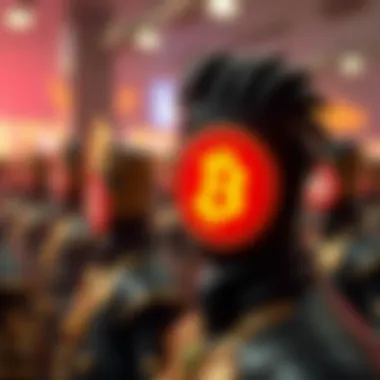 NFTs as Status Symbols An artistic interpretation of status symbols represented by NFT profile pictures in a digital landscape.