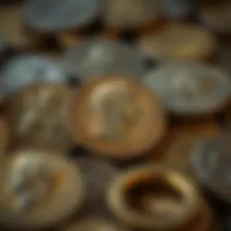 Close-up of ancient coins depicting historical figures
