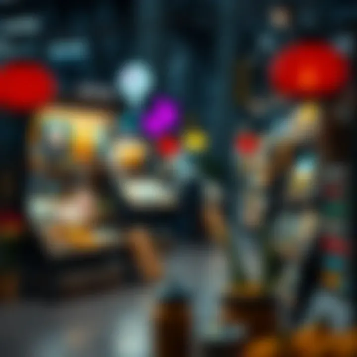 An artistic representation of an online marketplace for NFTs with various digital artworks displayed